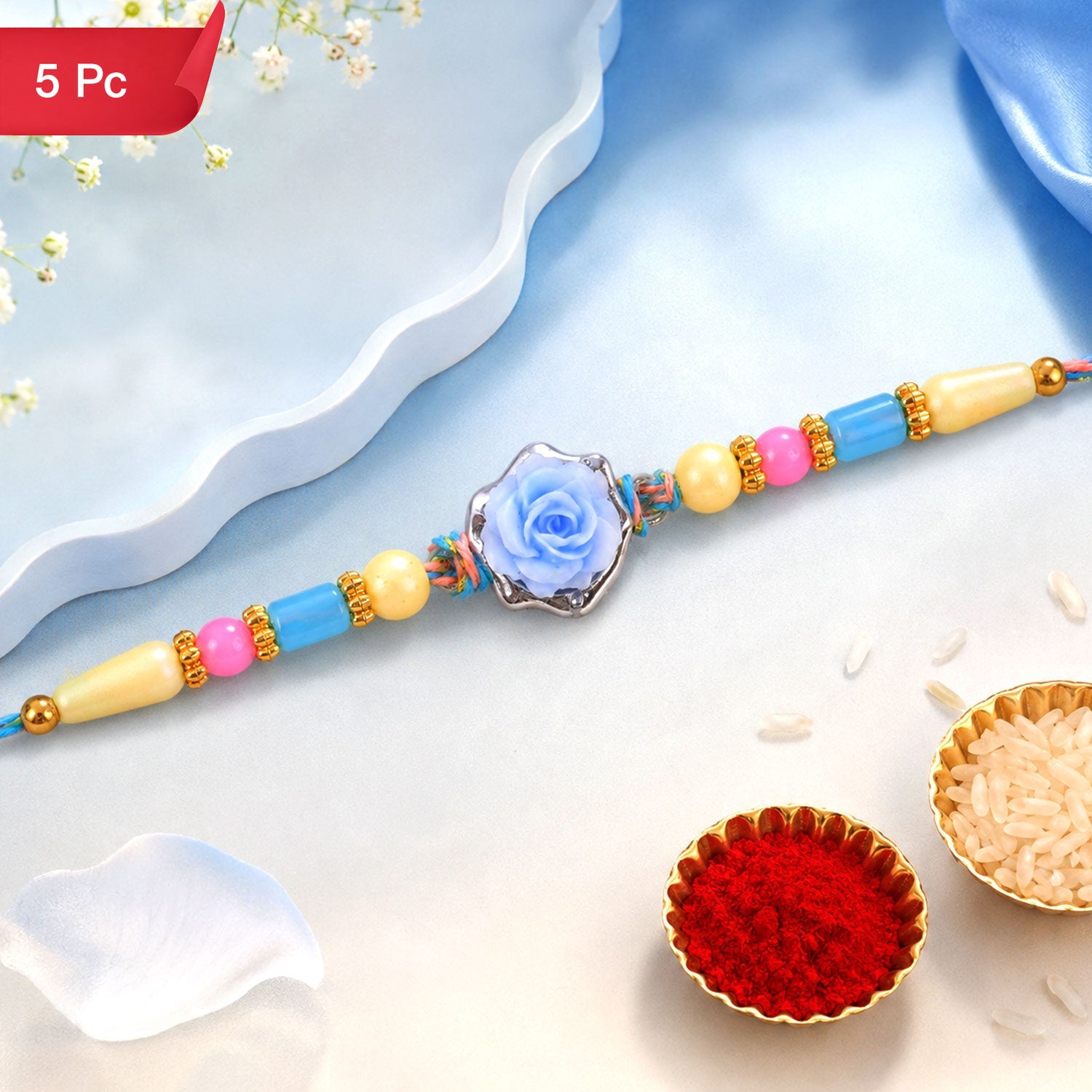 Rose Flower Rakhi for Brother Traditional Beaded Design (5pcs)