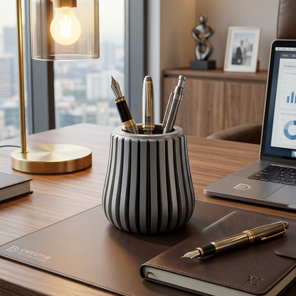 Stylish grey MDF pen holder showcasing its ribbed vertical design.