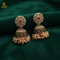 Antique Gold Pearl Drop Jhumka Earrings – Elegant Green & Pink Stones