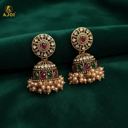 Royal Pearl Antique Gold Jhumka Earrings with Pink center and Pearl Drops