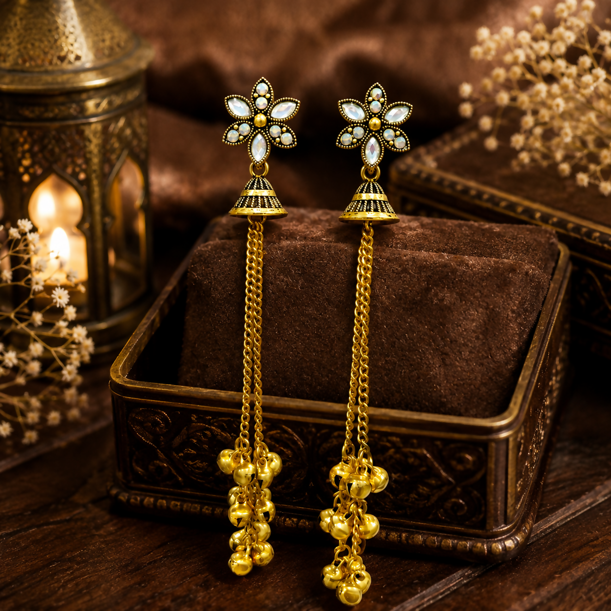 Close up of a gold plated jhumka earring showing floral stud and ghungroo beads.