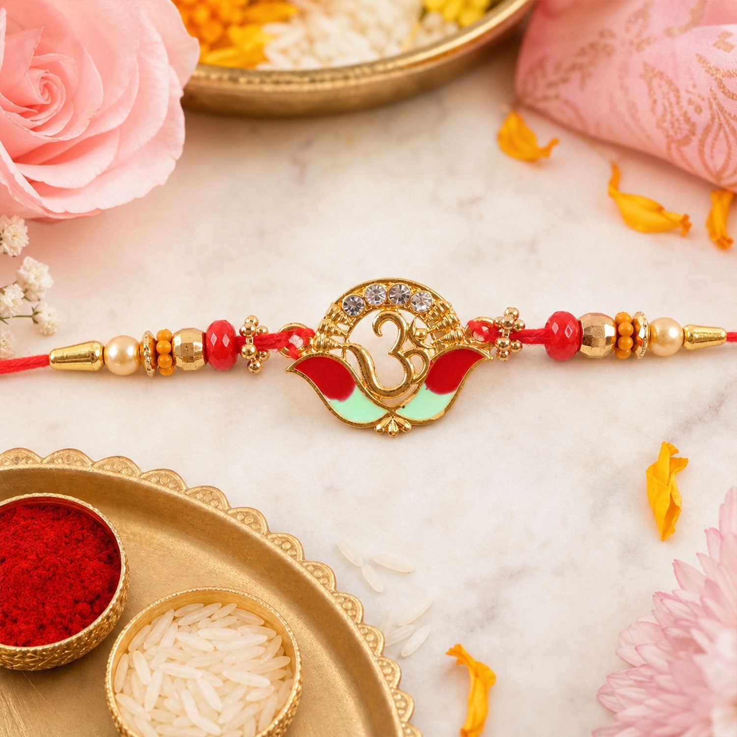 Traditional Om Rakhi for Brother with Decorative Thread (5pcs)