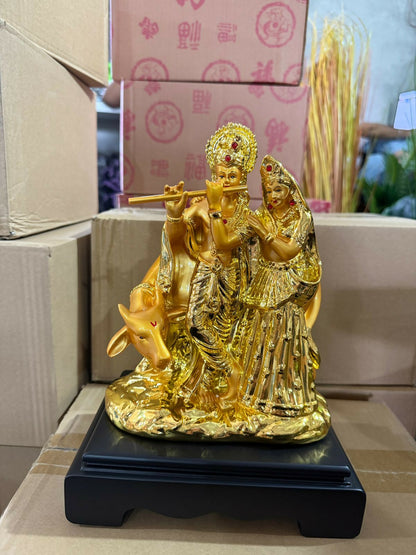 Radha Krishna with Cow Golden Finish Idol Statue for Home Temple Decor