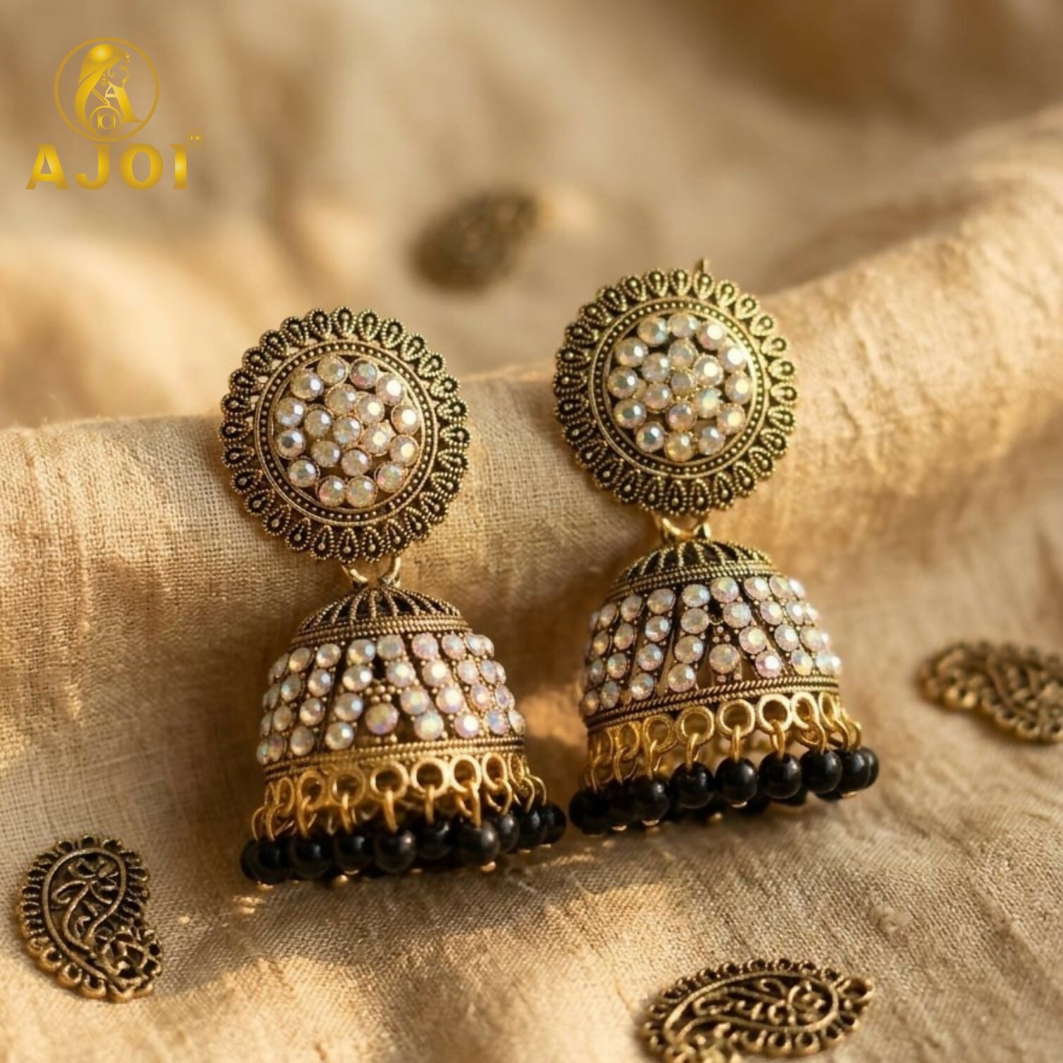 Antique Gold Pearl Jhumka Earrings with Black Bead Drop for Ethnic Wear