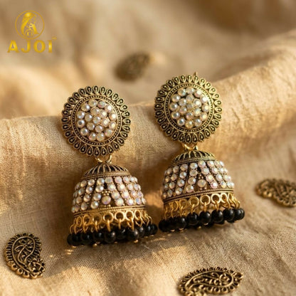 Antique Gold Pearl Jhumka Earrings with Black Bead Drop for Ethnic Wear