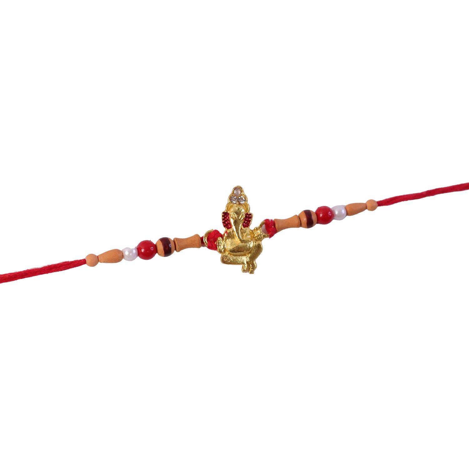 Golden Ganesha Rakhi with Peach Beads and Pearl Accents