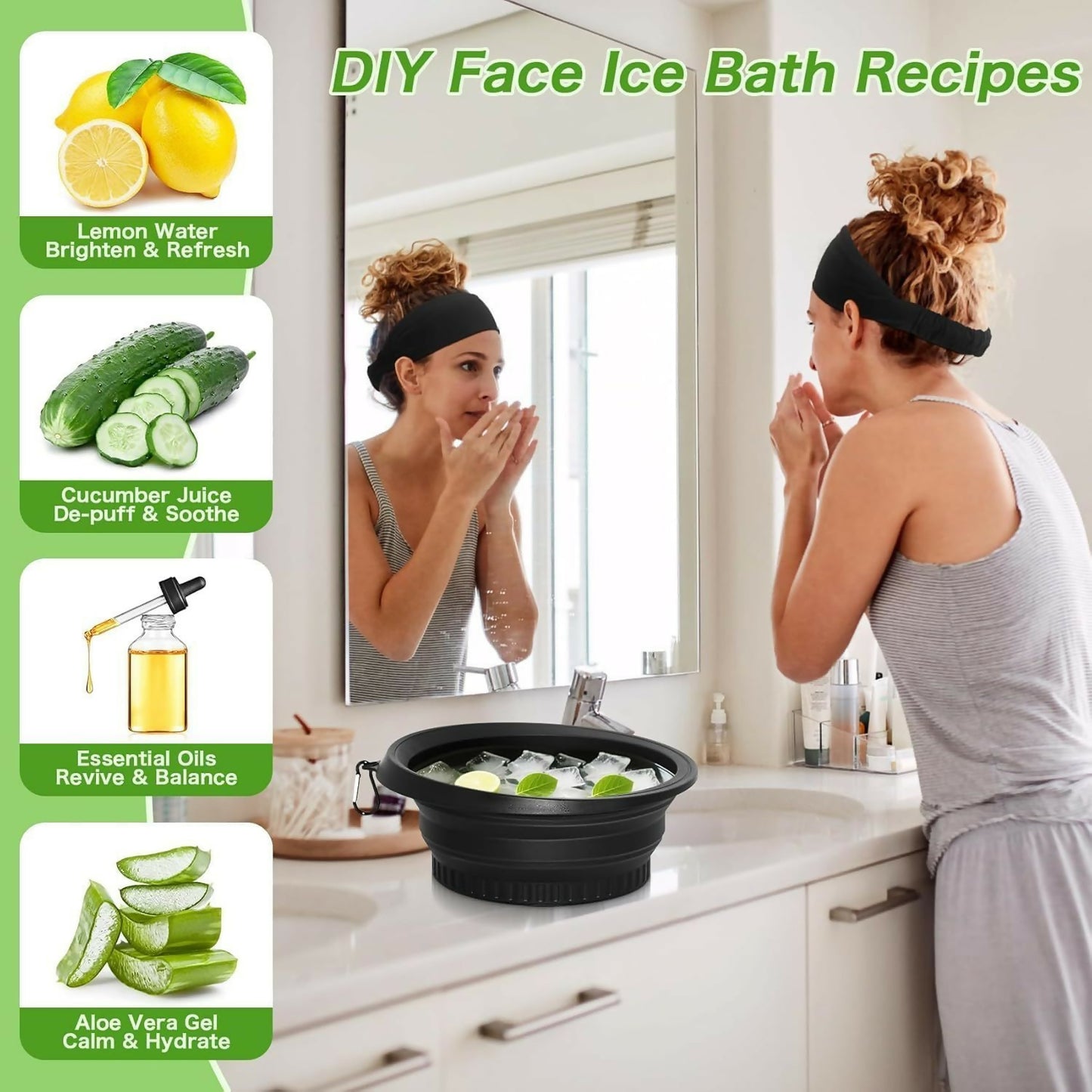 A woman looks in a mirror with a black silicone ice mold full of crushed ice on the counter.