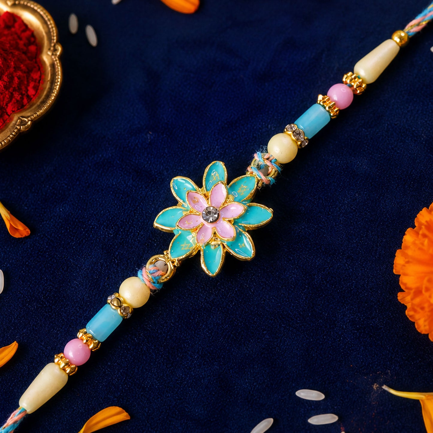 Designer Rakhi featuring Lotus Charm, bead line and gift style for Retail Display