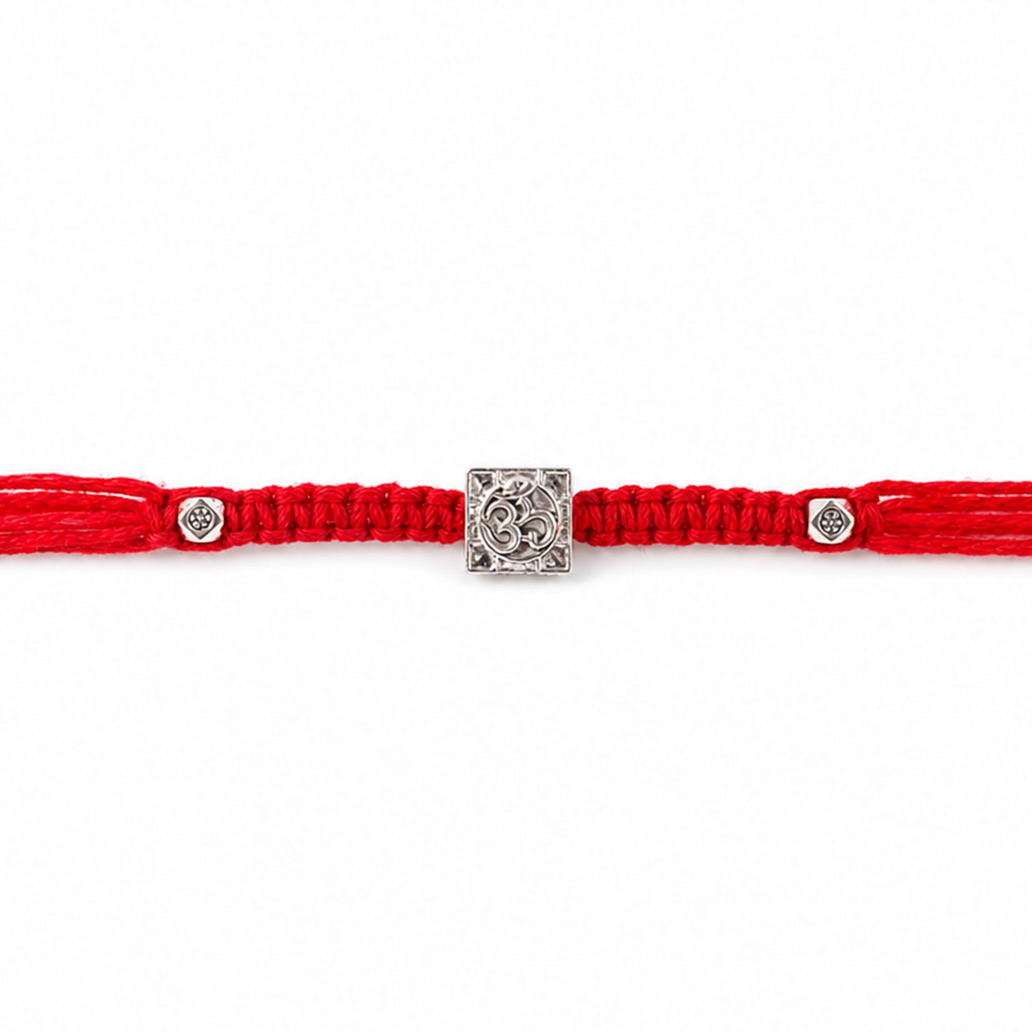 Red Braided Rakhi with Silver Om Pendant Set in a Square Frame