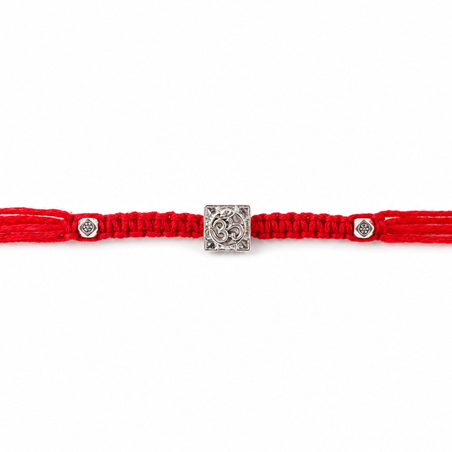 Red Braided Rakhi with Silver Om Pendant Set in a Square Frame
