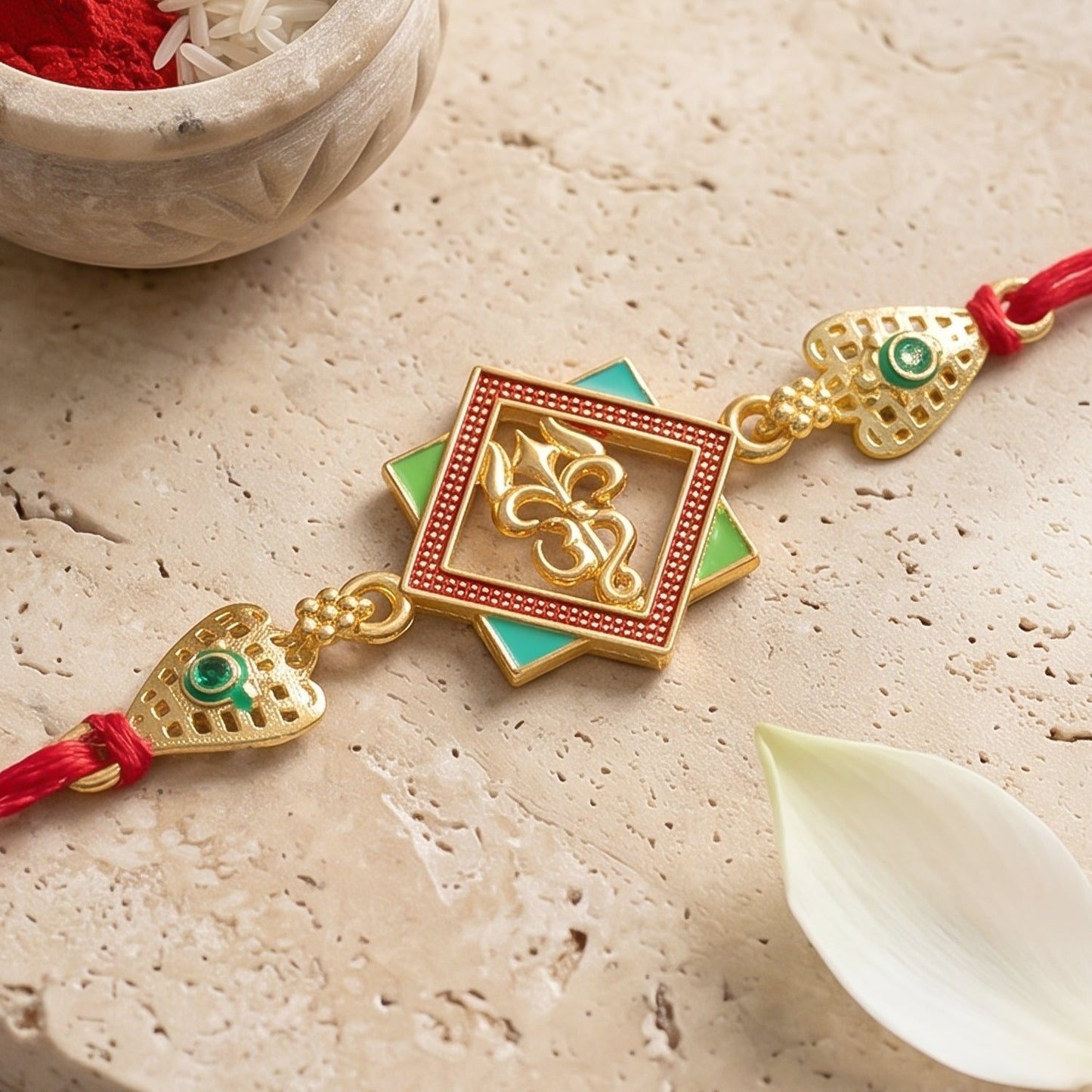 Gold-Toned Om Trishul Rakhi with Colorful Enamel for Raksha Bandhan (5pcs)