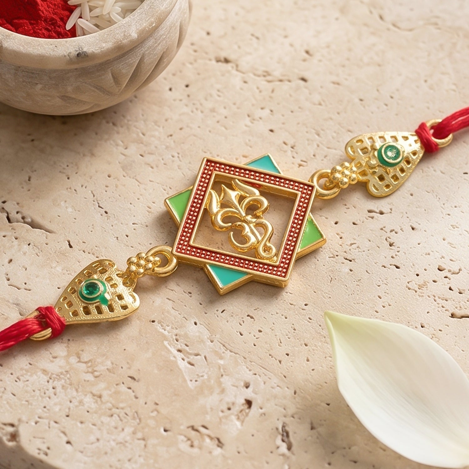 Gold-Toned Om Trishul Rakhi with Colorful Enamel for Raksha Bandhan (5pcs)