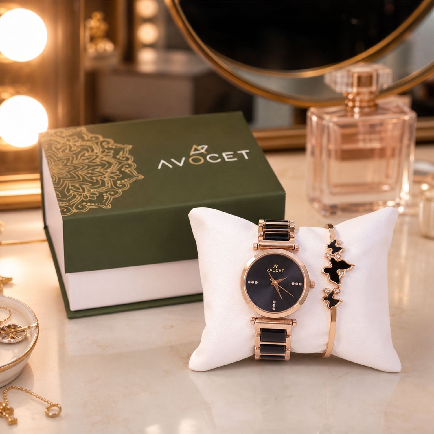 Rose Gold Round Dial Watch with Black Butterfly Shape Bracelet for Women