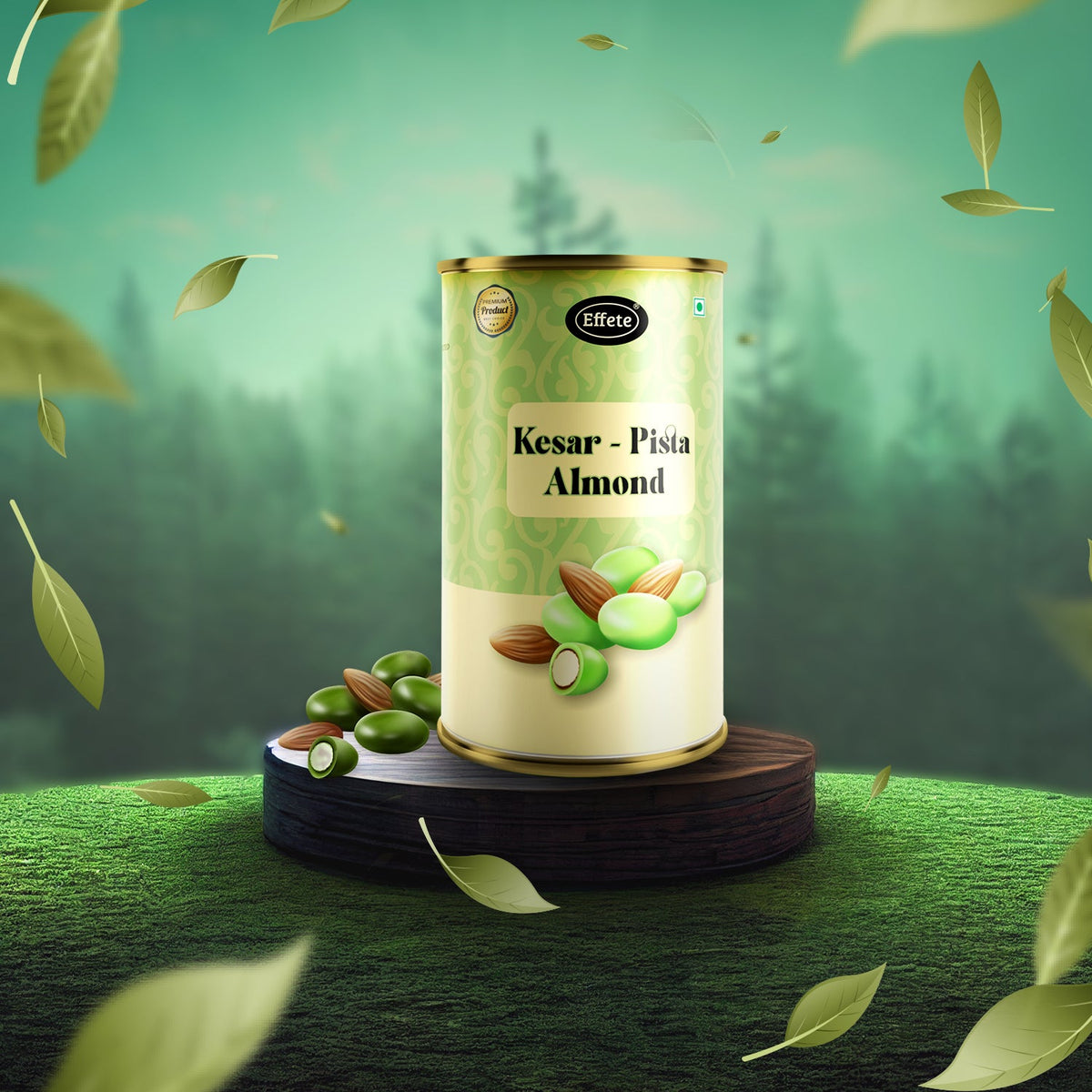 A green and gold Kesar Pista Almond tin is displayed on a dark wooden pedestal with green leaves falling in a forest setting.