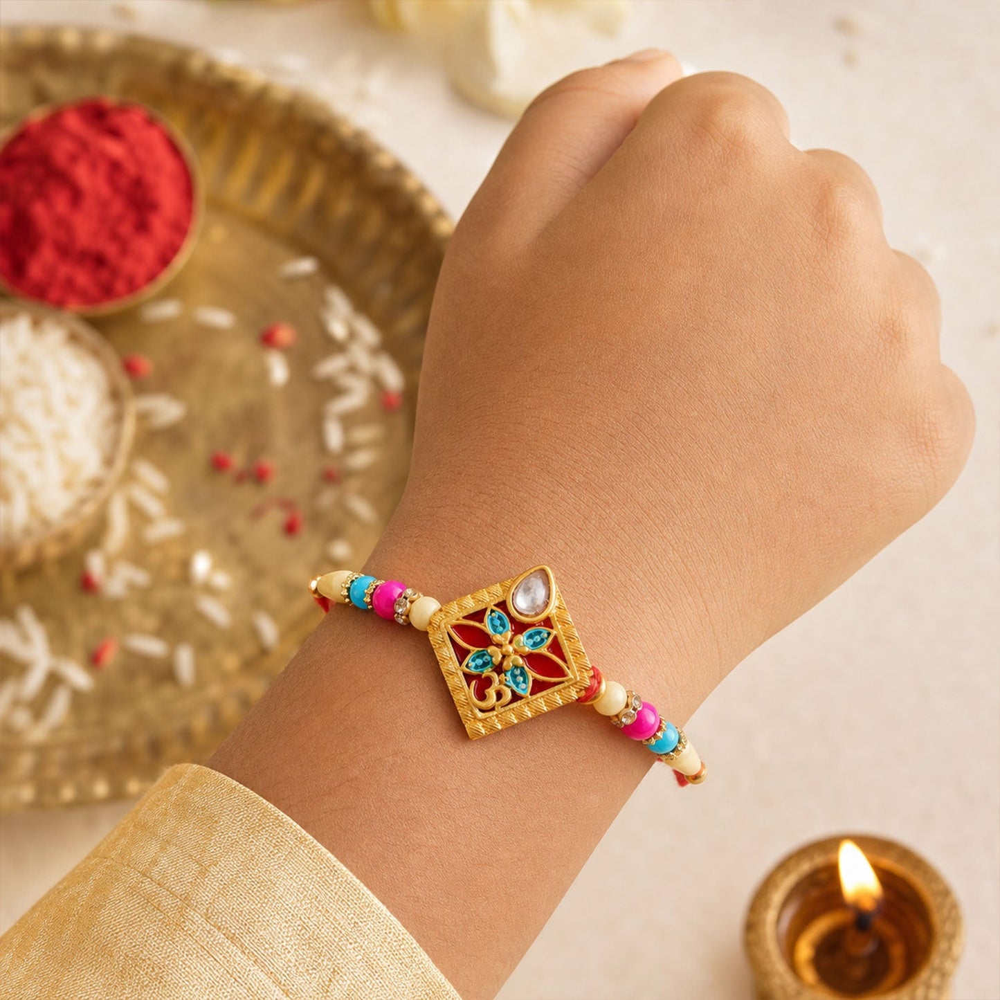 Diamond Shape Rakhi with Stone Embellishments and Beads (10pcs)