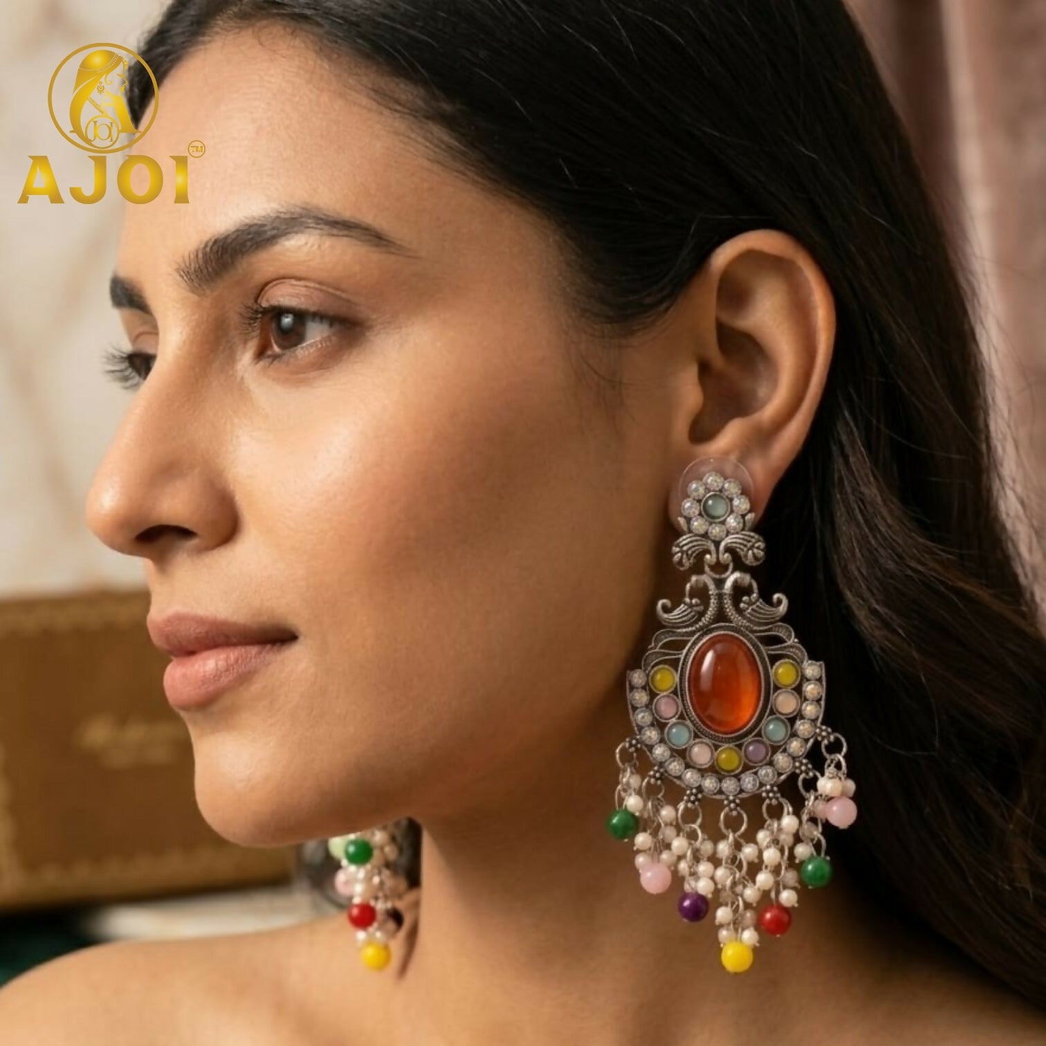 Oxidized Silver Multicolor Stone Chandbali Earrings with Pearl Bead Drops