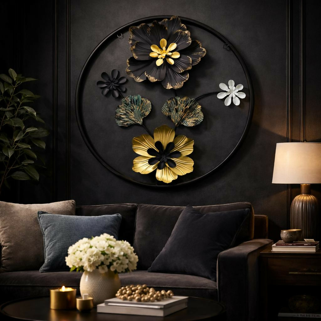 Handcrafted metal flower and leaf design wall hanging