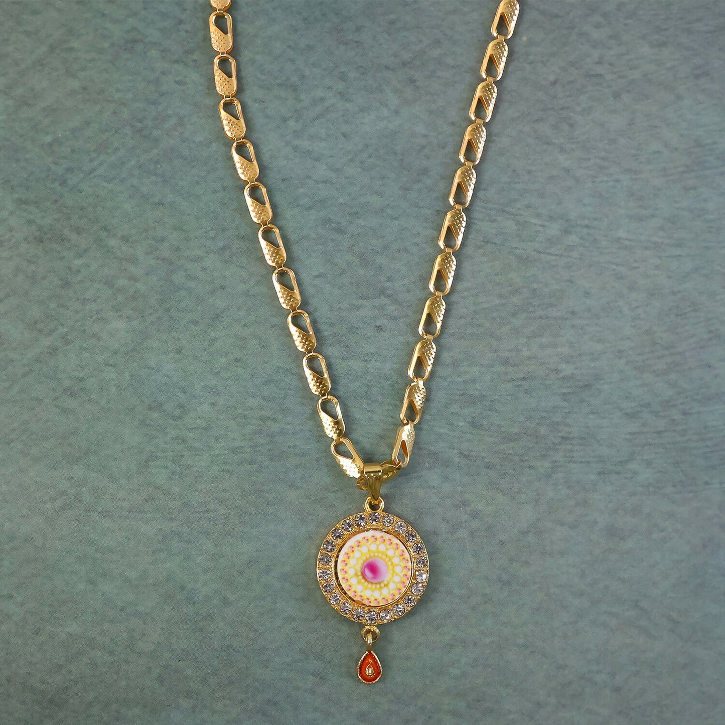 Gold Plated Pendant Necklace with Stone Studded Design