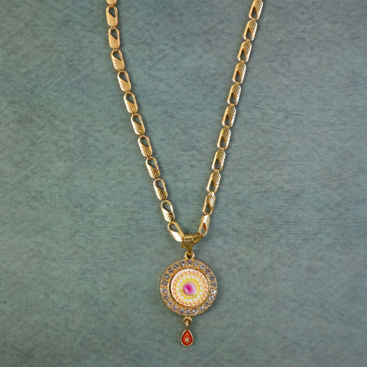 Gold Plated Pendant Necklace with Stone Studded Design
