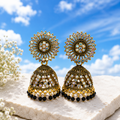Black Beaded Jhumka Earrings for Women – Gold-Tone Kundan Style Crystal Studded Dome Earrings