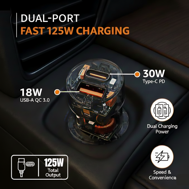 Uniteq ClearX 125W Dual Port Fast Car Charger Type-C PD USB (Black)