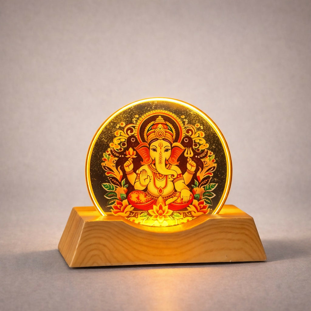 Lord Ganesha LED lamp placed on wooden table