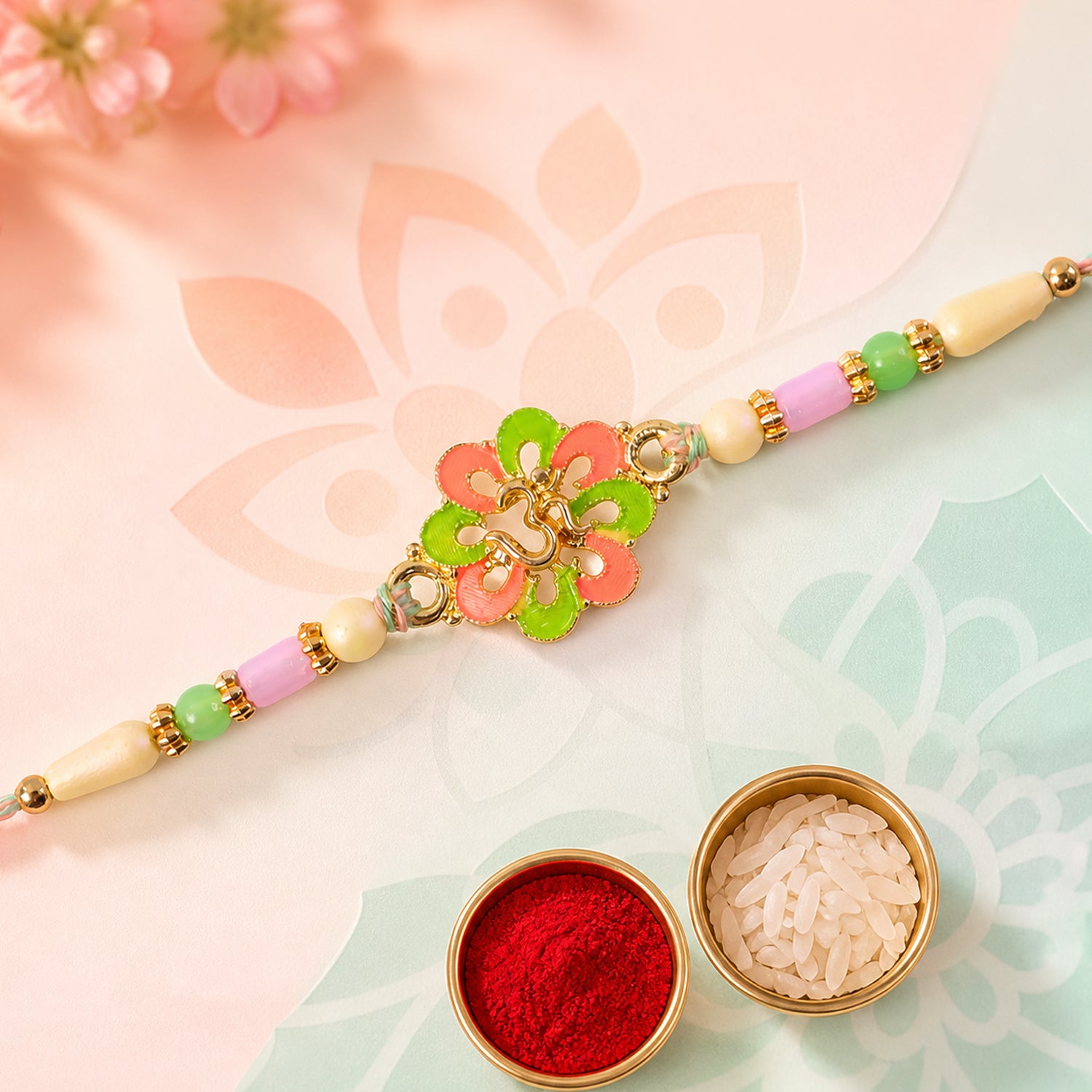 Om Flower Pendant Rakhi with Coral and Green Enamel