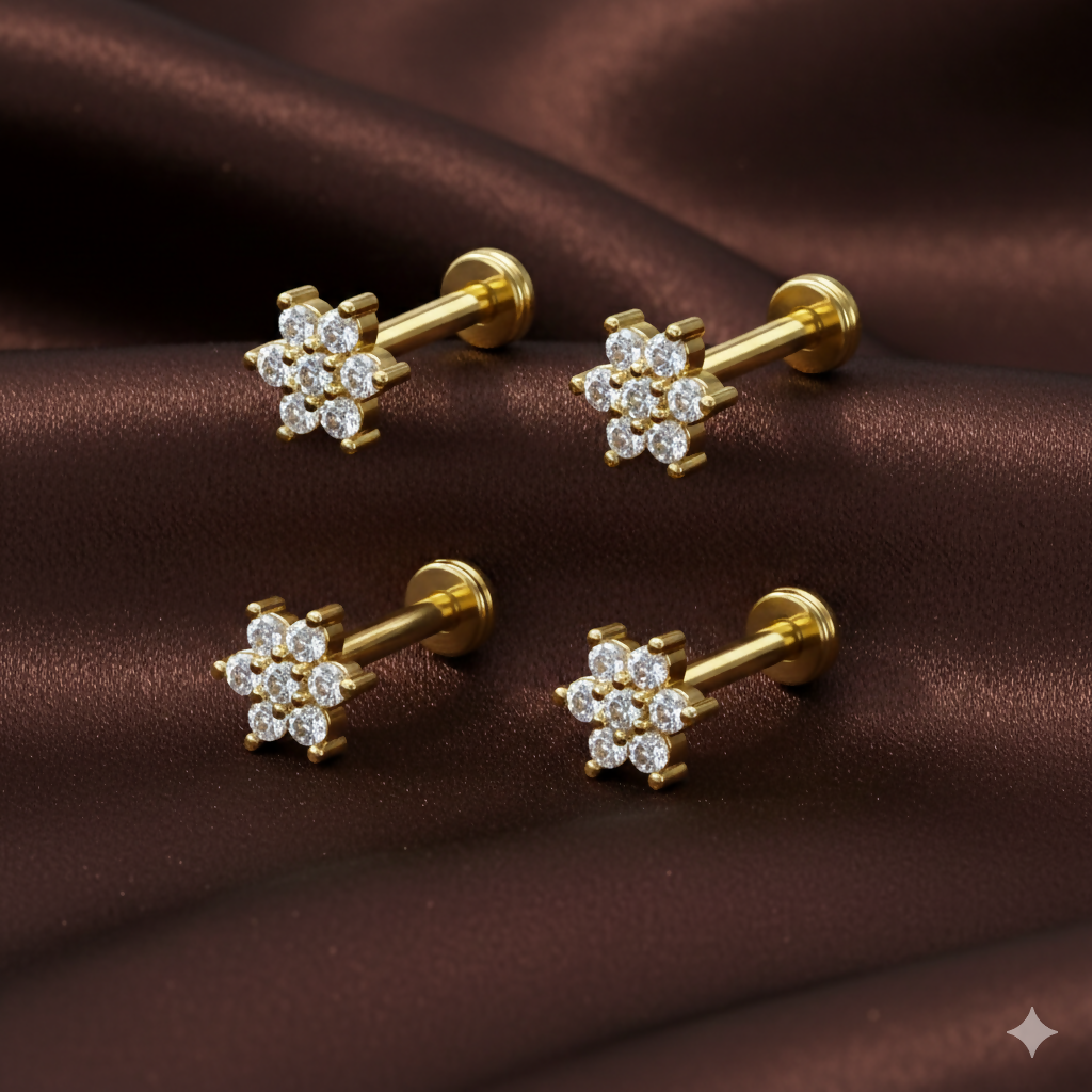 Close-up image of gold plated flower nosepin stud showing sparkling cubic zirconia crystals