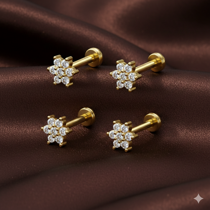 Close-up image of gold plated flower nosepin stud showing sparkling cubic zirconia crystals