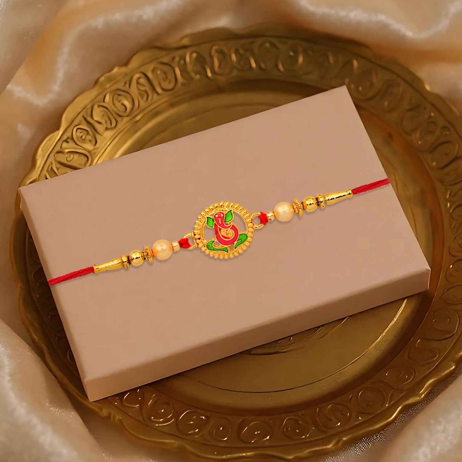 Lord Ganesha Meenakari Pearl Rakhi with Choco Magic, Pack of 3