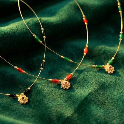 Multicolor Bead Gold Necklace with Elegant Floral Pendant (3Pc/Set)