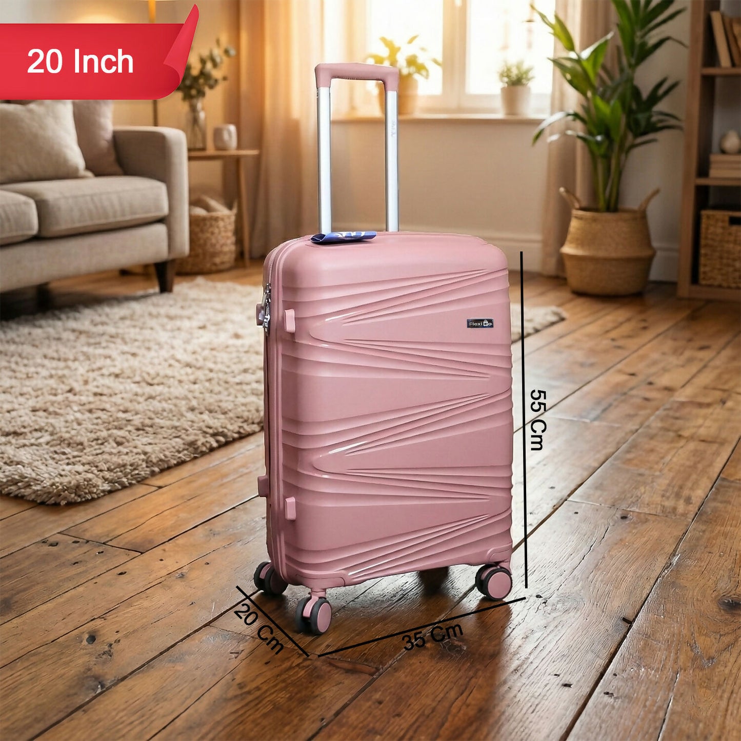 Lightweight rose gold suitcase shown from multiple angles highlighting design