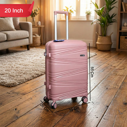 Lightweight rose gold suitcase shown from multiple angles highlighting design
