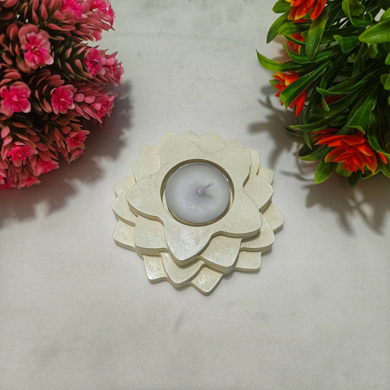 Handmade Flower 4-Step Diya – Ivory | Layered Tealight Holder for Diwali, Pooja & Home Décor | Unique Festival Gift Item