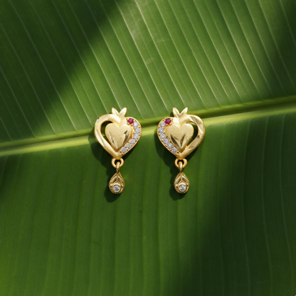 Heart Shaped Gold Finish Earrings With Crystal Border And Delicate Hanging Drop