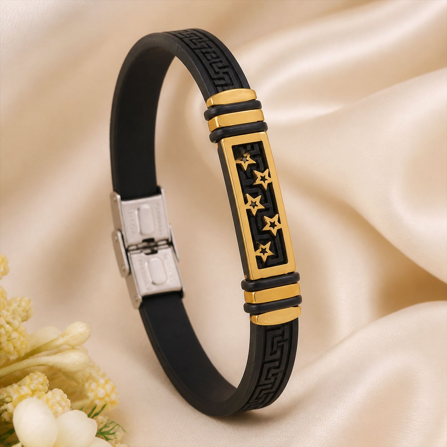 Star Cutout Bracelet Rakhi with Black Band and Gold-Silver Plate for Raksha Bandhan