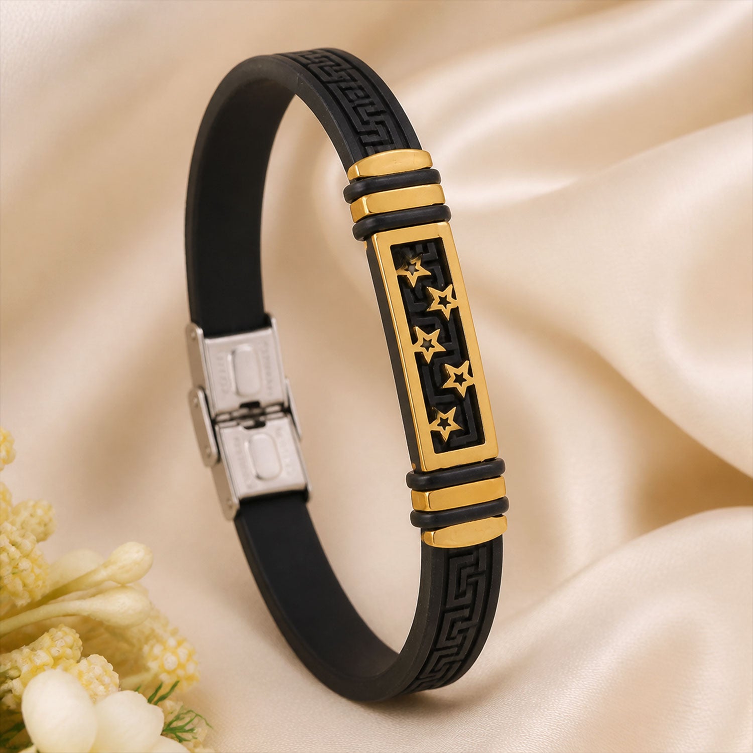 Star Cutout Bracelet Rakhi with Black Band and Gold-Silver Plate for Raksha Bandhan