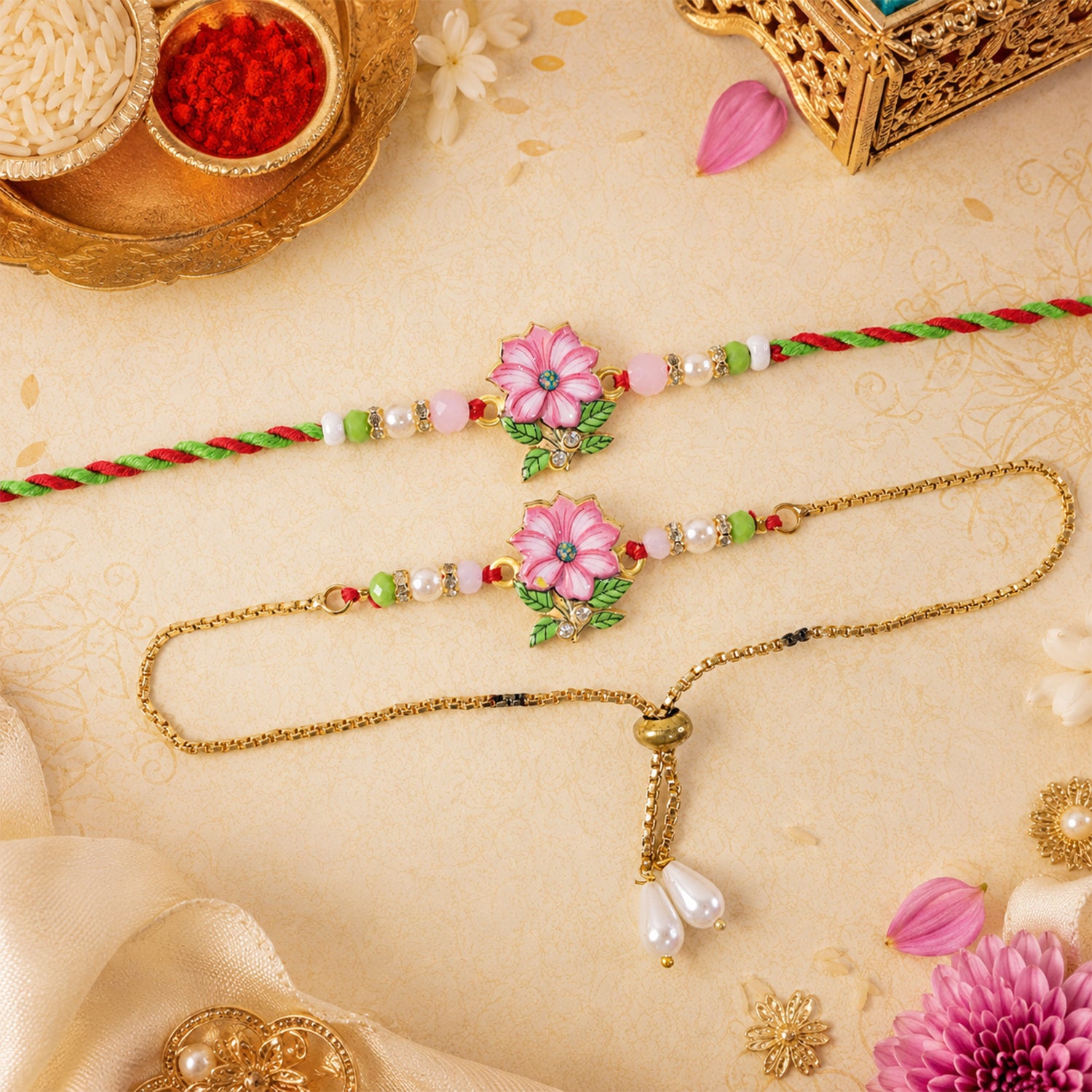 Lotus Floral Beaded Bhai Bhabhi Lumba Rakhi with Pearl Drop Pair