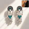 Antique Silver Teal Stone Drop Earrings with Tribal Boho Designer Jewellery Style