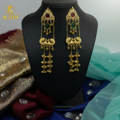 Royal Kashmiri Peacock Jhumka Earrings with Red & Green Stone