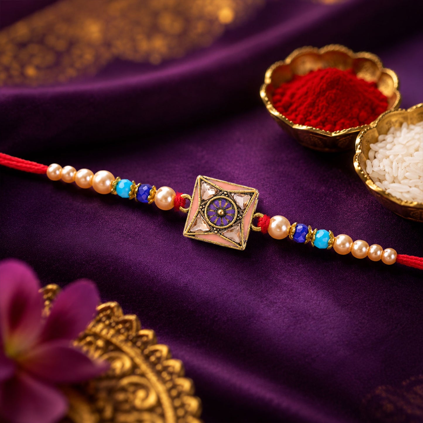 Royal Purple Meenakari Square Designer Rakhi for Brother with Pearls