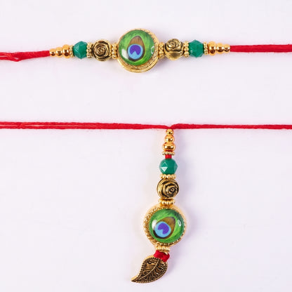 Morpich Bhaiya Bhabhi Lumba Rakhi with Green Beads and Gold Hanging Charm