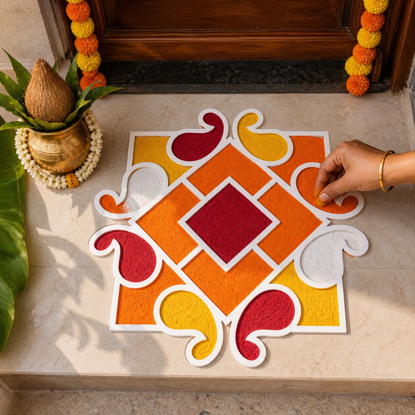 Square Shape Wooden Rangoli Stencil Board for Diwali, Pooja & Festive Floor Decor