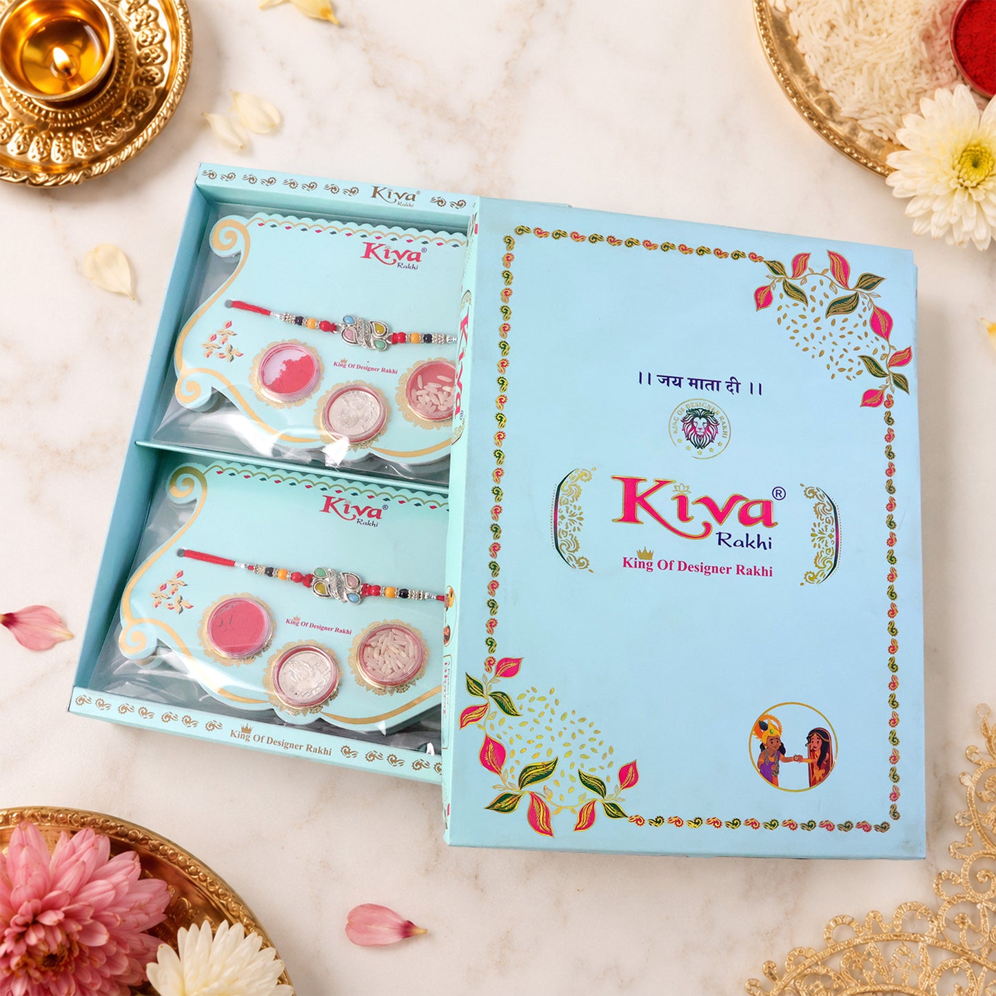 Silver Butterfly Leaf Rakhi with Pastel Stones, Roli Chawal Coin and Card Packing
