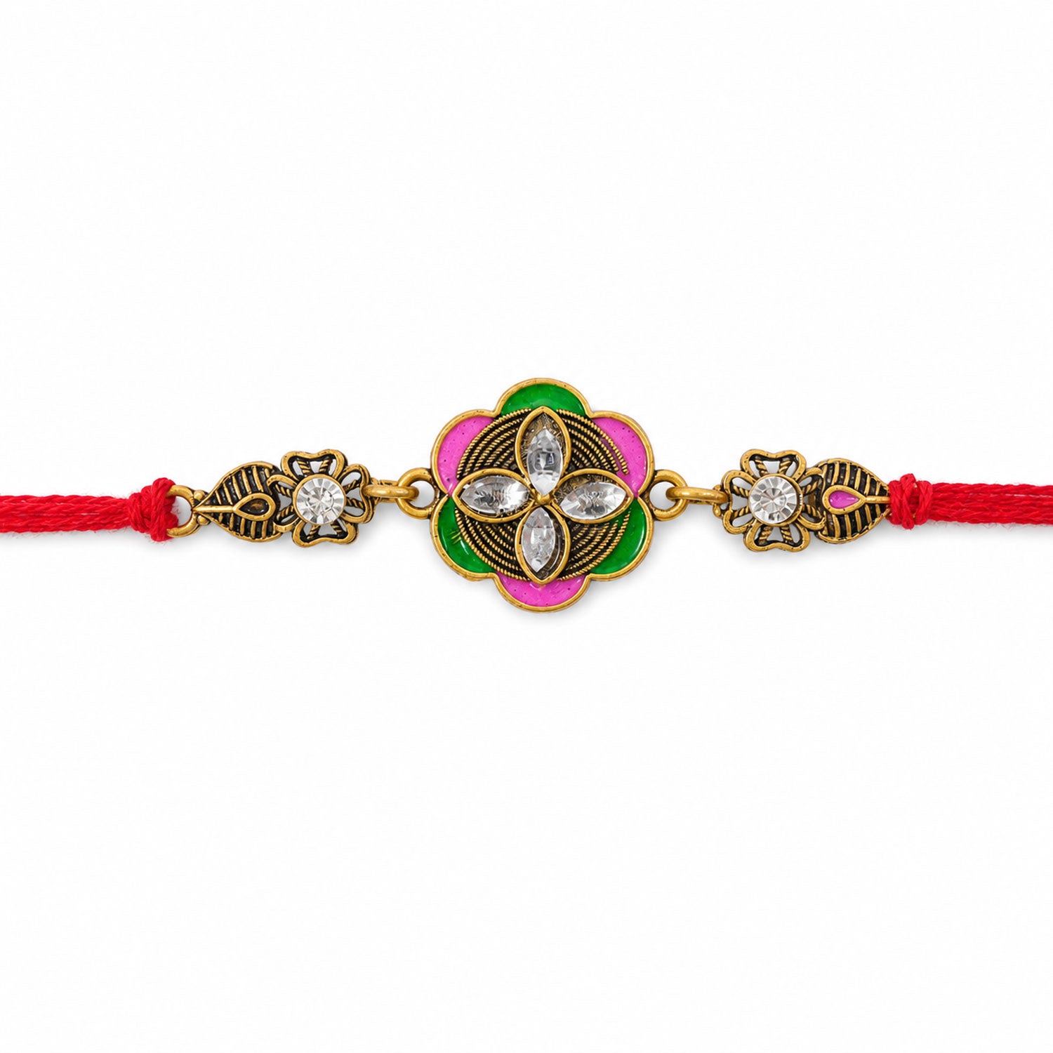 Ornate Rakhi with Floral Medallion, multicolor stones and chain look for Gifting