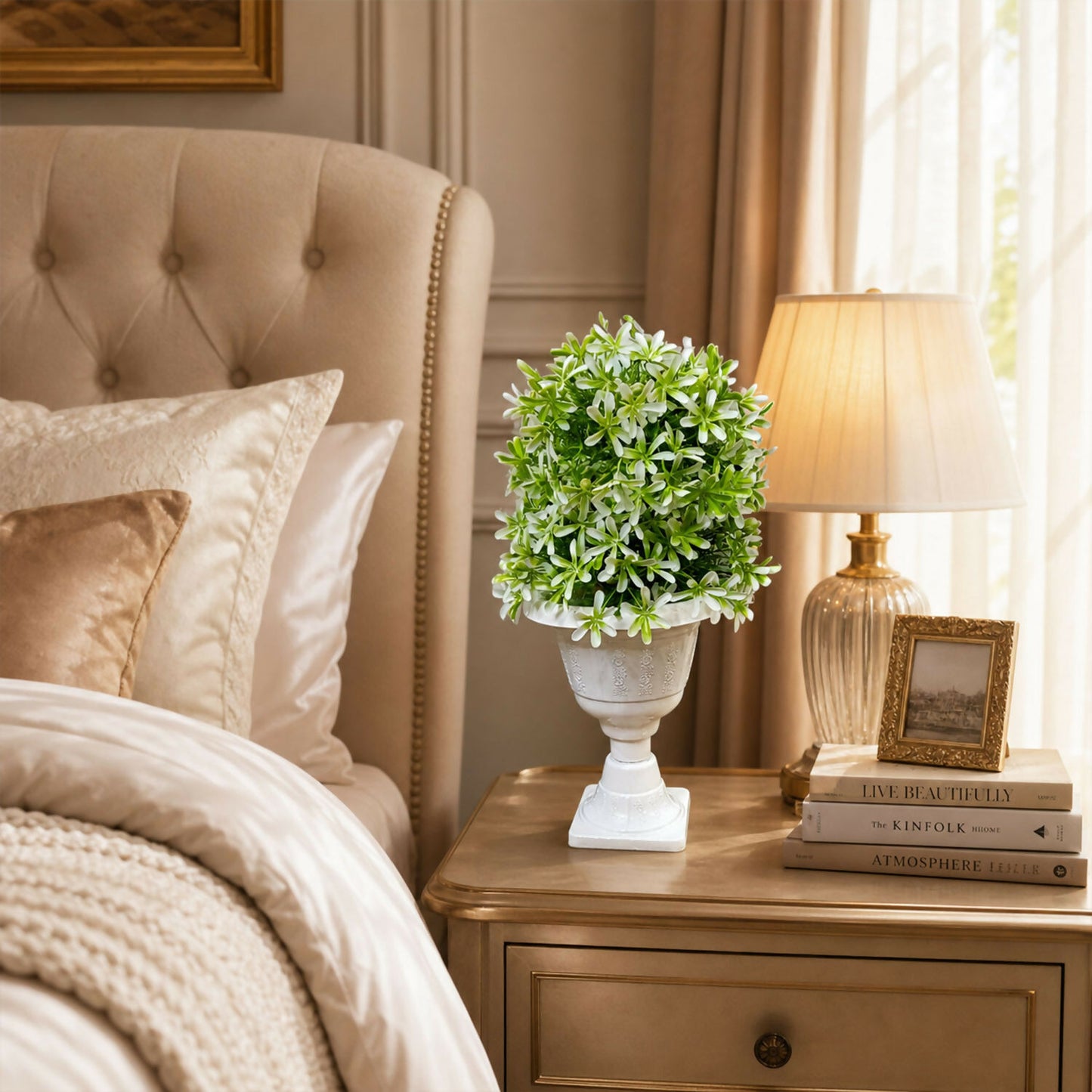 Artificial Green White Flower Ball Topiary Plant in White Pedestal Pot Home Decor