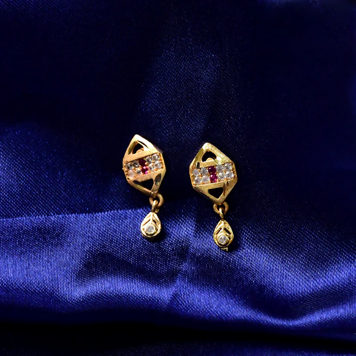 Trendy Geometric Gold Earrings with Sparkling Stones & Drop Charm