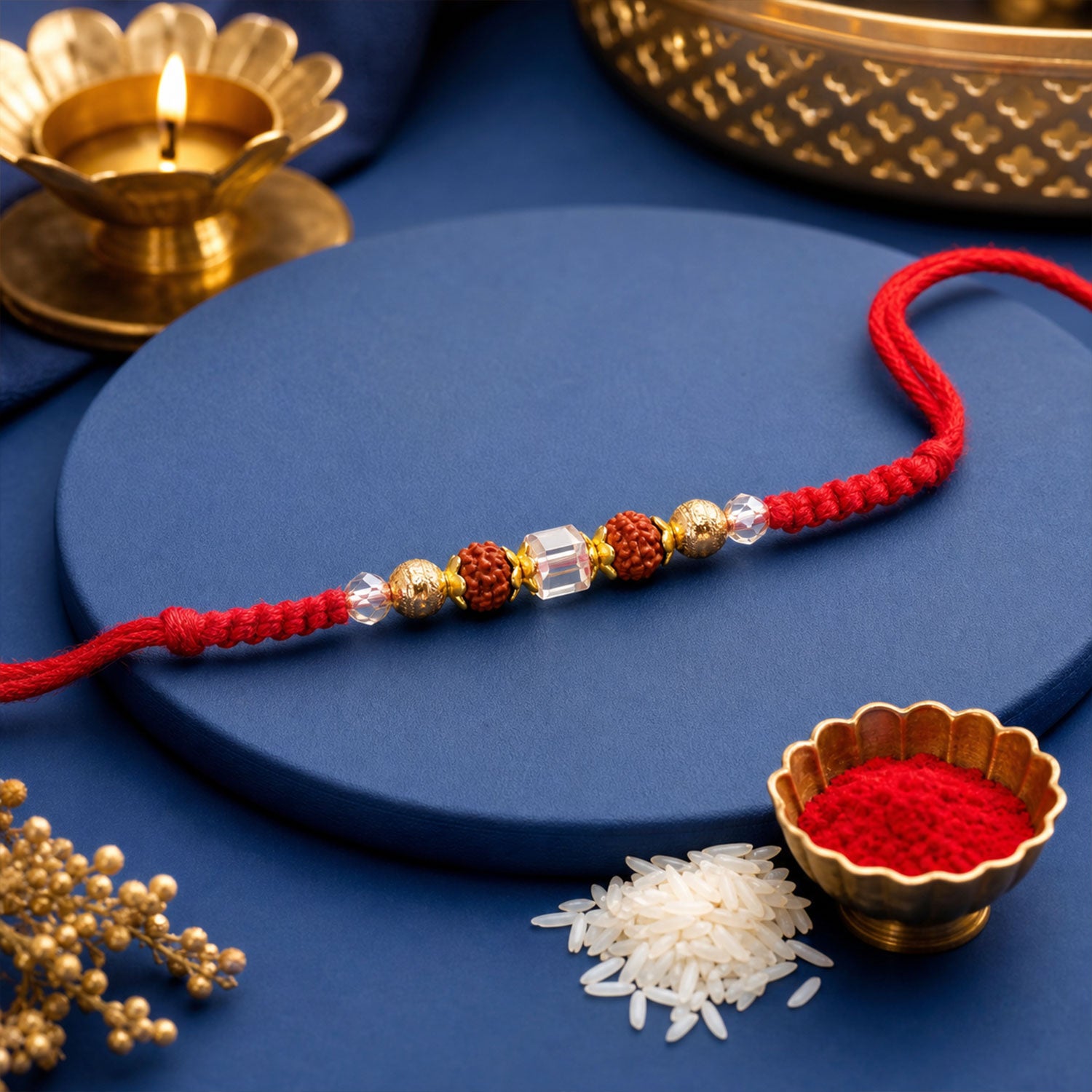 Red Thread Rakhi with Textured Rudraksha and Crystal Bead Pendant
