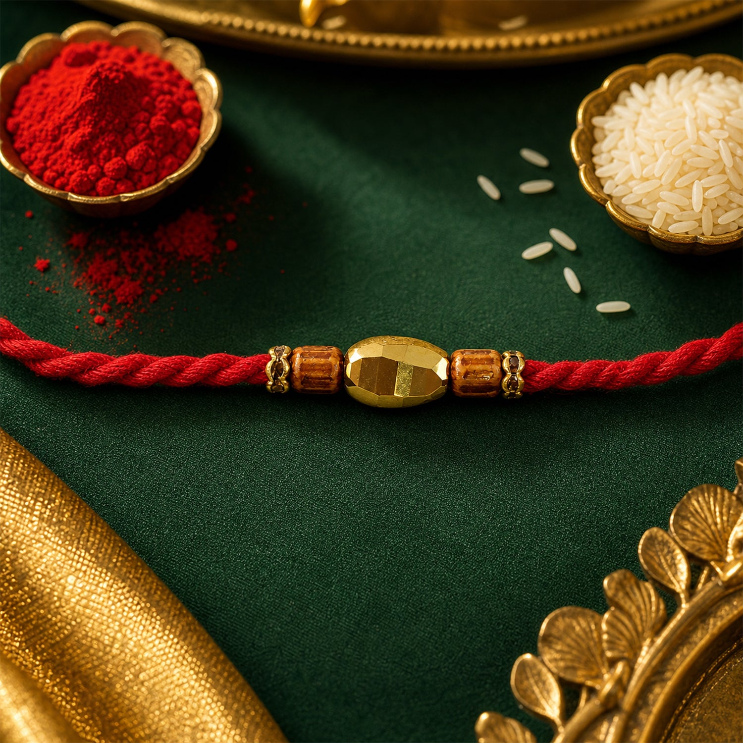Red Thread Rakhi with Golden Oval Bead and Wooden Bead Accents