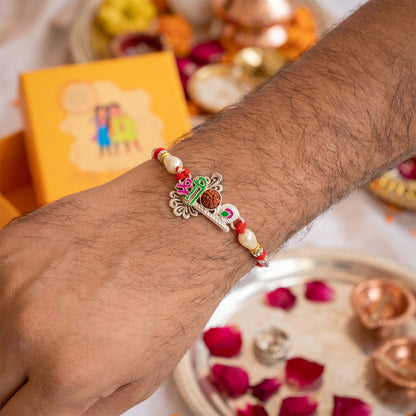 Colorful Shree Designer Rakhi with Rudraksha Center and Pearl Beads